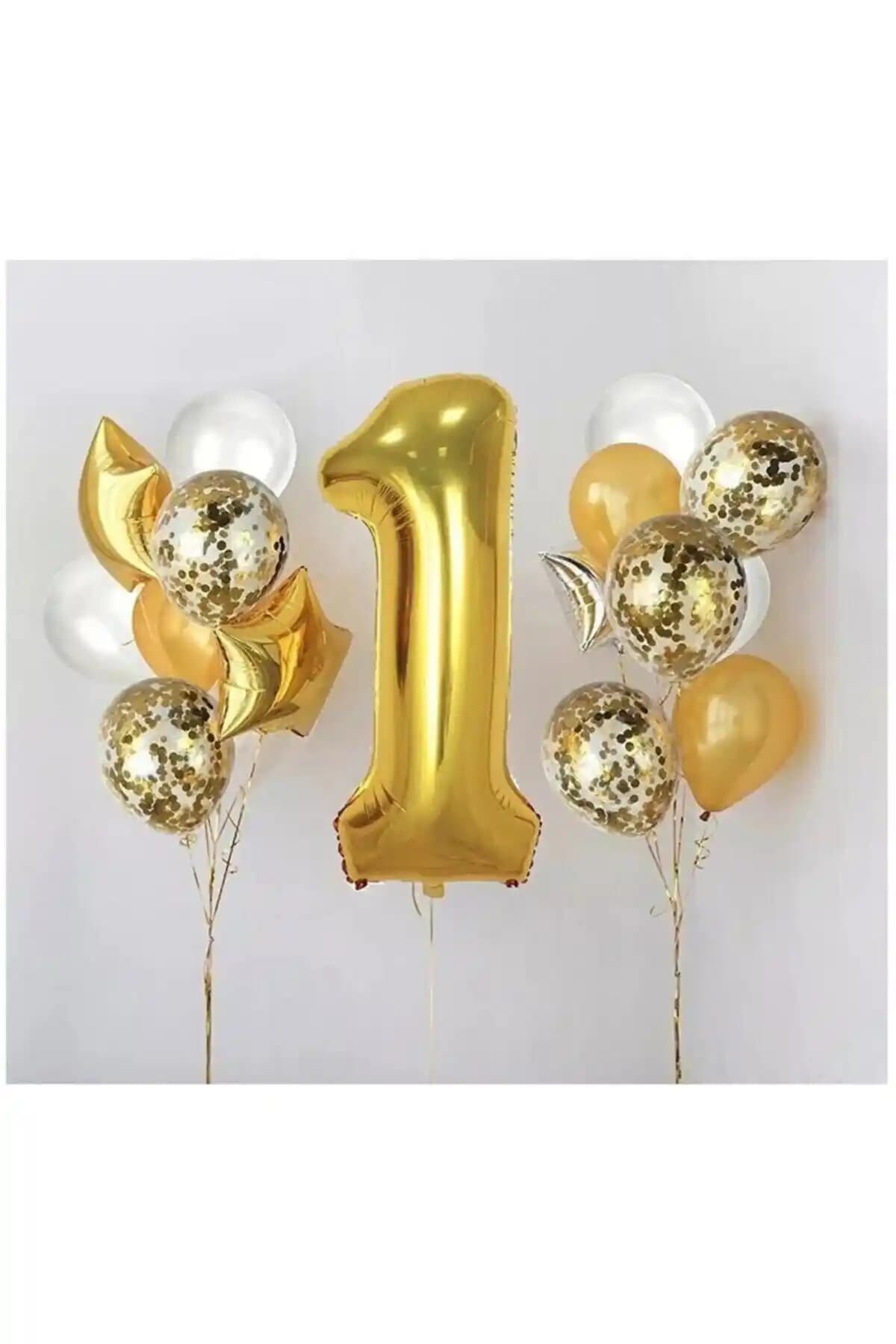 1 Yaş Doğum Günü İçin Gold Folyo ve Şeffaf Balon Seti Dekorasyon Ürünü