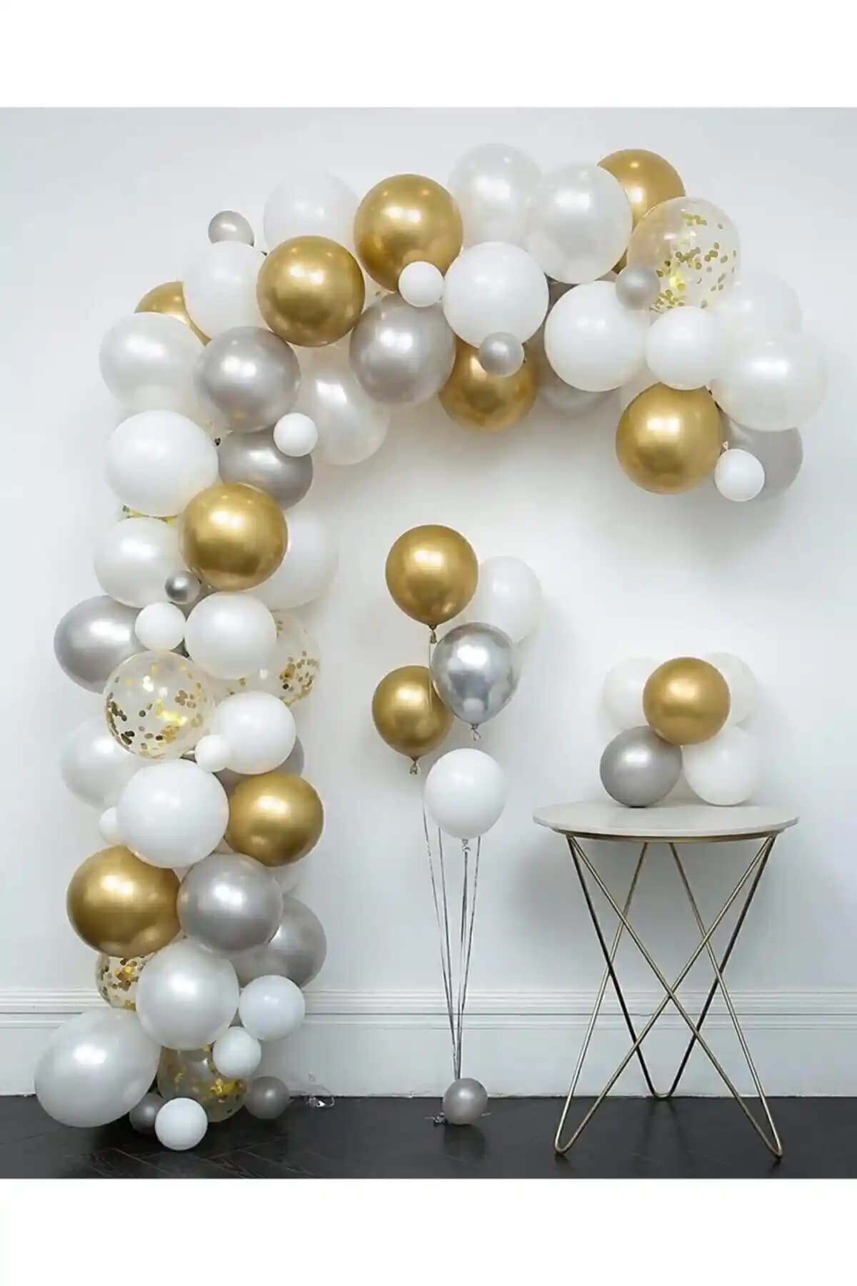 BalonEvi Metalik Balon Seti 30 Adet Gümüş Altın Gri Beyaz Renkli Dekorasyon
