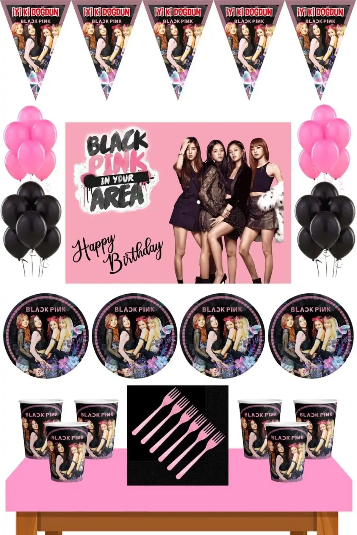 BLACK PINK Doğum Günü 8 Kişilik Parti Seti Renkli ve Eğlenceli Kutlama Atmosferi İçin Tasarlandı