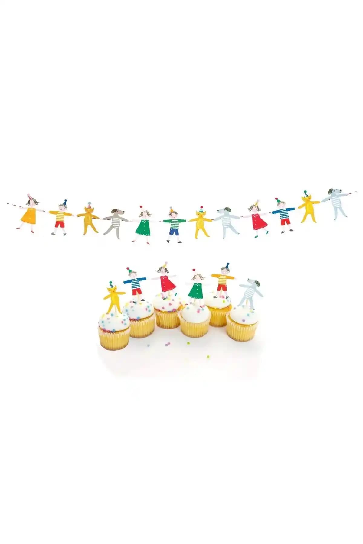 Çocuk Partisi İçin El Ele Tutuşan Banner ve Kürdan Seti Renkli Dekorasyon Malzemeleri