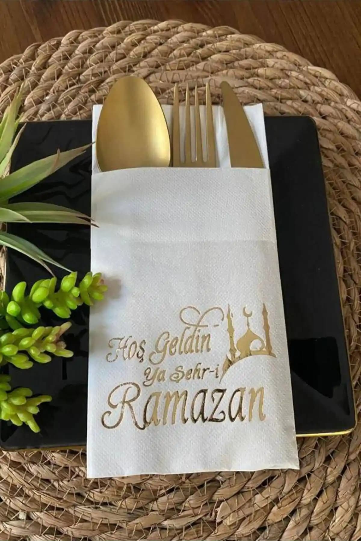 Hoş Geldin Ramazan Temalı Yalızlı Cepli Peçete Seti 12 Adet Şık ve Zarif Tasarım