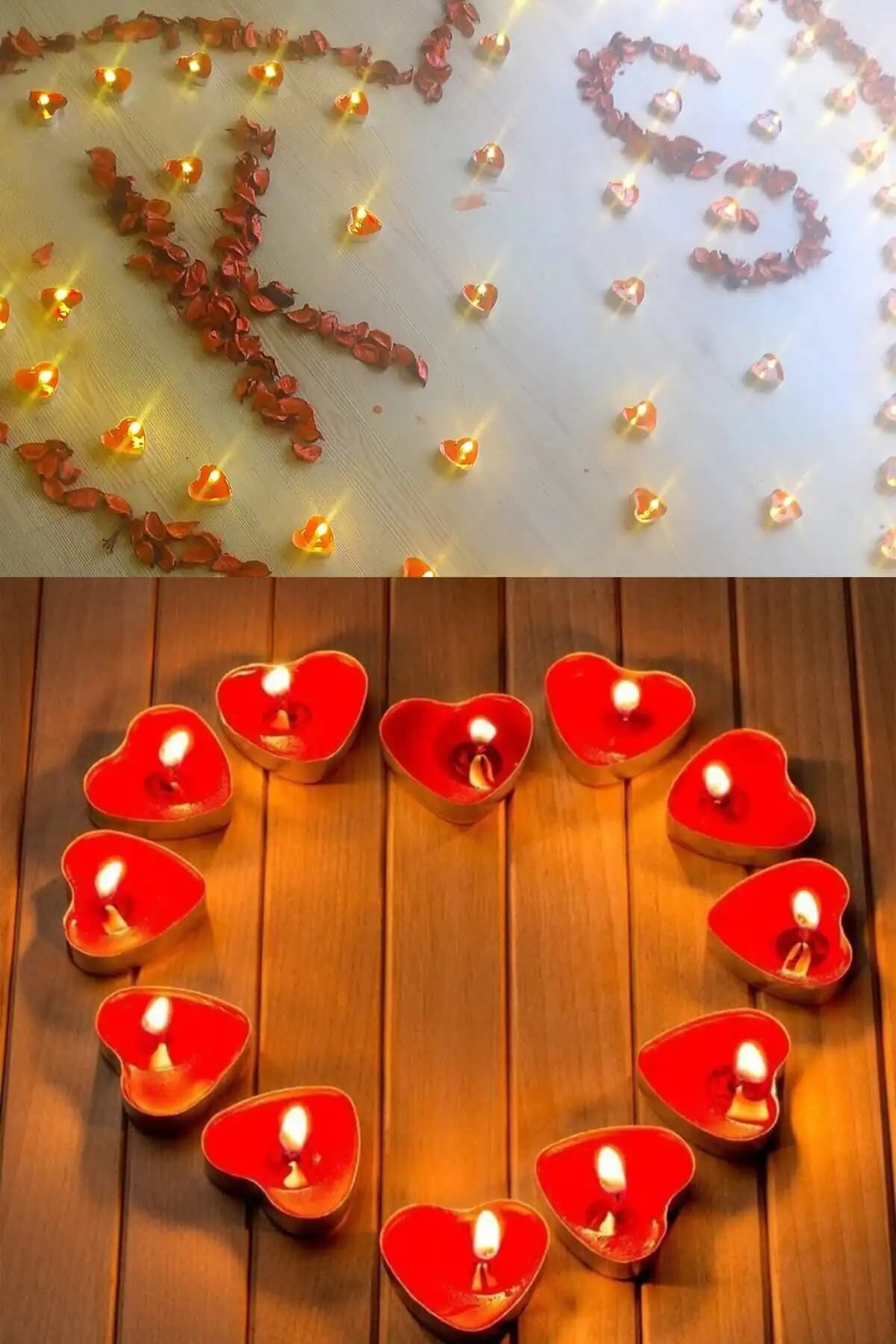 Parti Dolabı 20 Kalpli Tealight Mum ve Kuru Gül Yaprakları Romantik Dekorasyon Seti