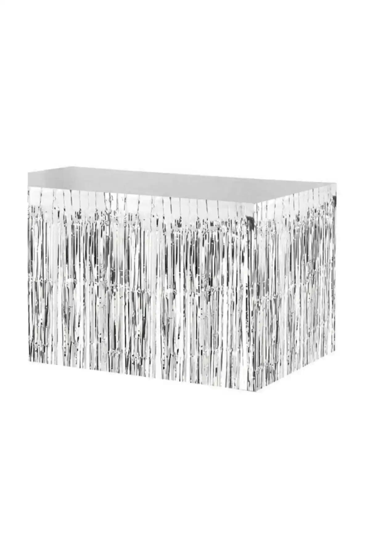 Parti Dolabı Masa Eteği Gümüş Gri Metalize Folyo Püsküllü Estetik ve Pratik Kullanım