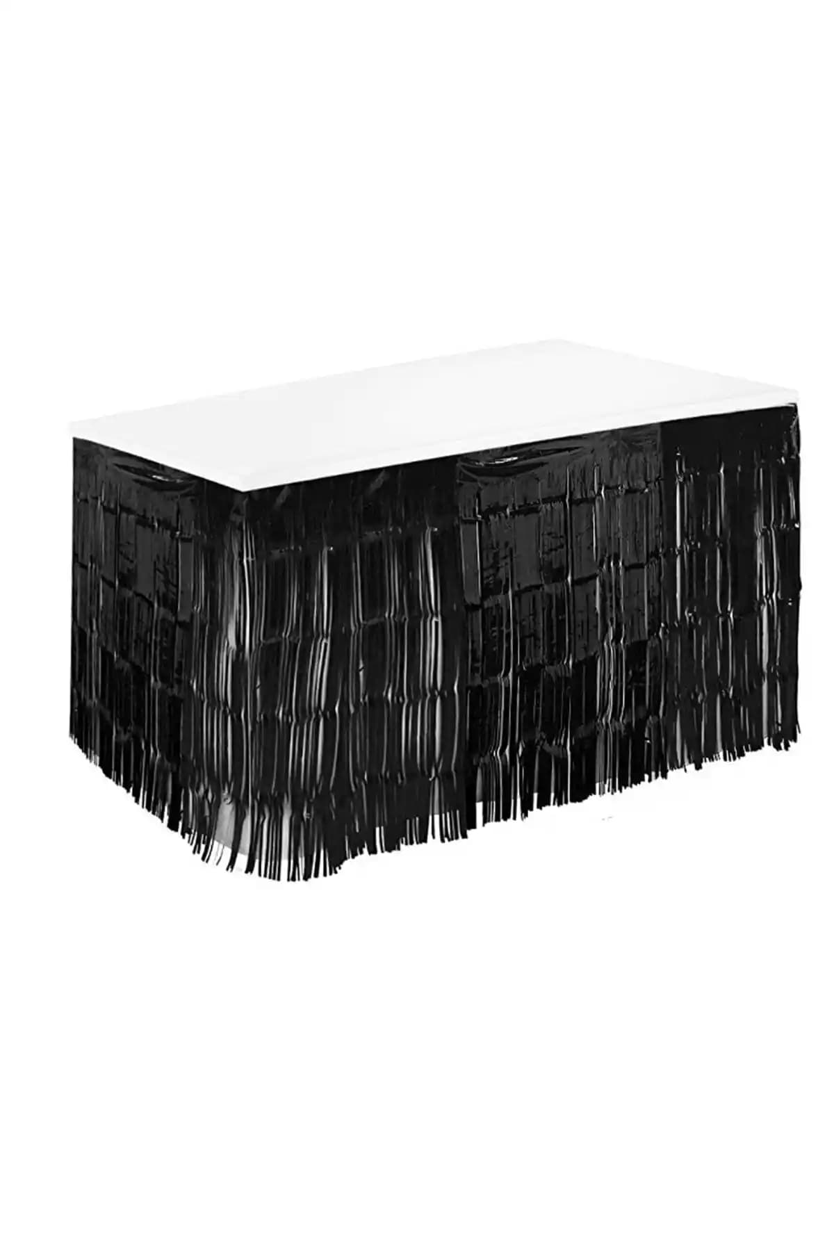 Parti Dolabı Siyah Püsküllü Metalize Masa Eteği Estetik ve Dayanıklı Masa Dekorasyonu Ürünü