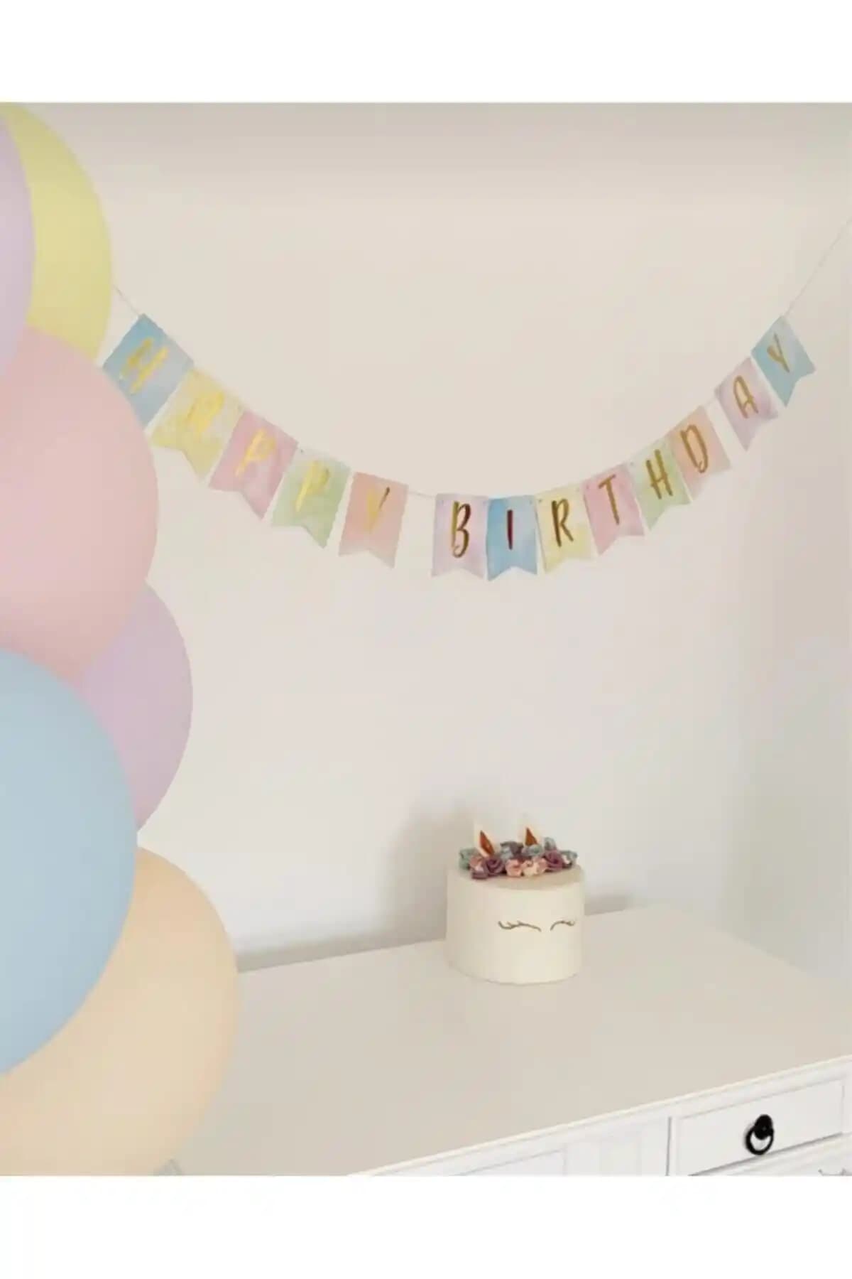 Pastel Renklerde Unicorn Temalı Happy Birthday Banner Makaron Dekorasyonu