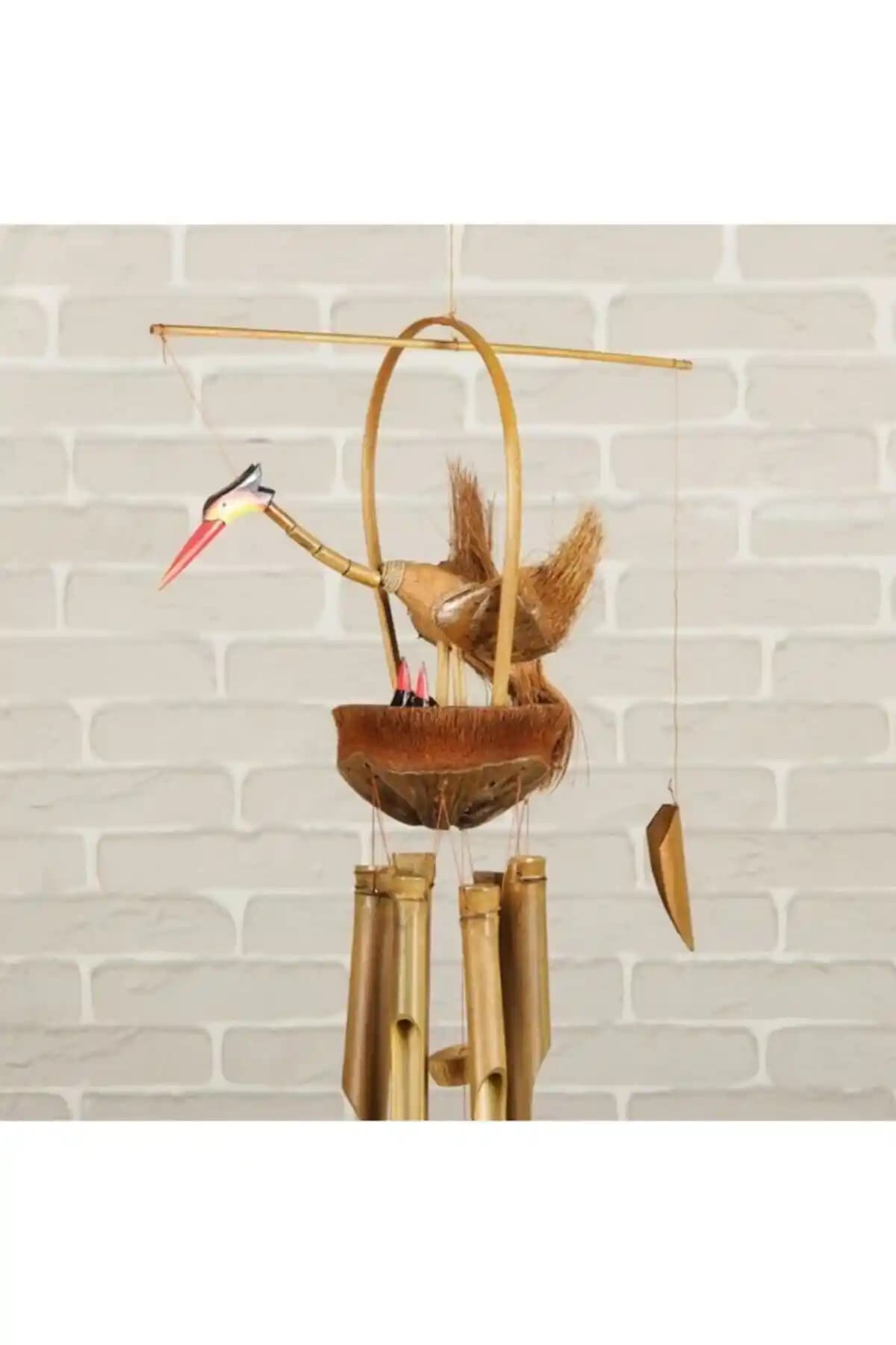 Ahşap ve bambudan el yapımı yavrulu leylek rüzgar çanı doğal ve sakinleştirici dekorasyon