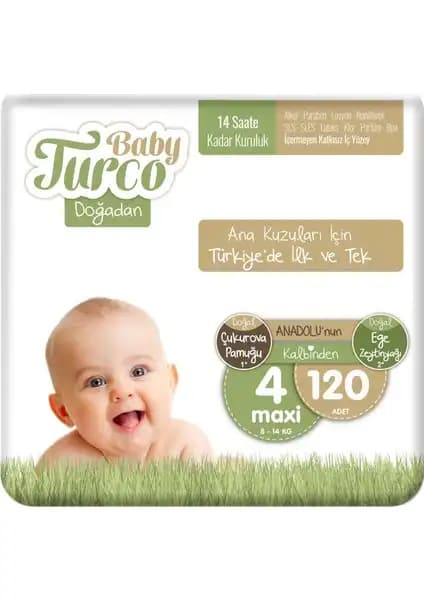 Baby Turco Doğadan 4 Numara Maxi Bebek Bezi 120'li, Yüksek Emicilik ve Konfor Sağlar