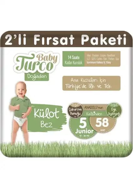 Baby Turco Doğadan Külot Bez 5 Numara Junior 58 Adet Pratik ve Güvenilir Bebek Bezi