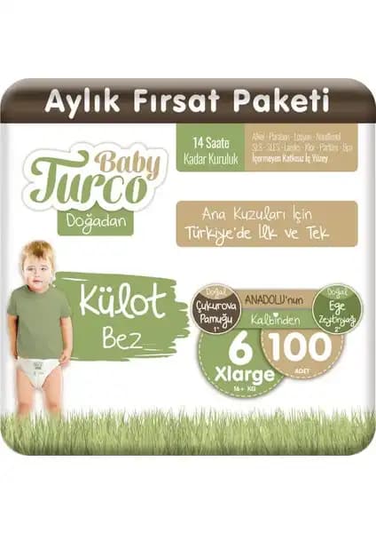 Baby Turco Doğadan Külot Bez 6 Numara Xlarge 100'lü Güvenilir ve Konforlu Bebek Bakım Ürünü