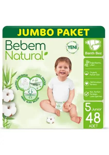 Bebem Natural Bebek Bezi 5 Beden Junior Jumbo Paket Doğal ve Yüksek Emicilik Sunar