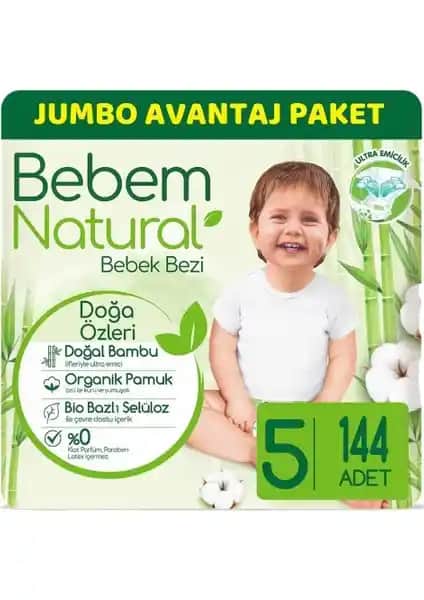 Bebem Natural Junior 5 Beden Bebek Bezi 144'lü Jumbo Paket Güvenli ve Konforlu Kullanım