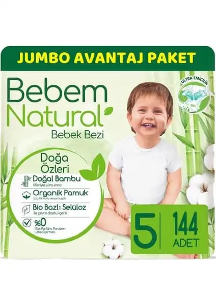 Bebem Natural Junior 5 Beden Bebek Bezi 144'lü Jumbo Paket Güvenli ve Konforlu Kullanım