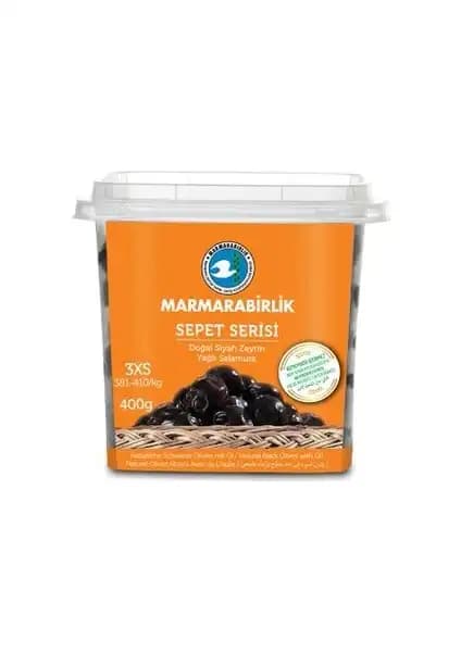 Marmarabirlik Sepet Serisi Lüks 381-410 3XS Siyah Zeytin 400 Gr Kalite ve Lezzet Birliği