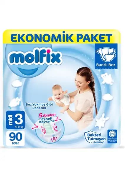 Molfix Bebek Bezi 3 Beden Midi Ekonomik Paket Güvenli ve Konforlu Bebek Bakımı İçin