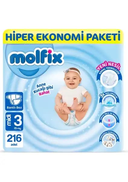 Molfix Bebek Bezi 3 Beden Midi Hiper Ekonomi Paketi Güvenilir ve Konforlu Bebek Bakımı