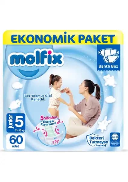 Molfix Bebek Bezi 5 Beden Junior Ekonomik Paket Güvenli ve Konforlu Bebek Bezi Seçeneği