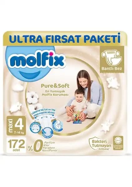 Molfix Pure & Soft Bebek Bezi 4 Beden Maxi Ultra Fırsat Paketi Güvenli ve Konforlu Bebek Bezleri