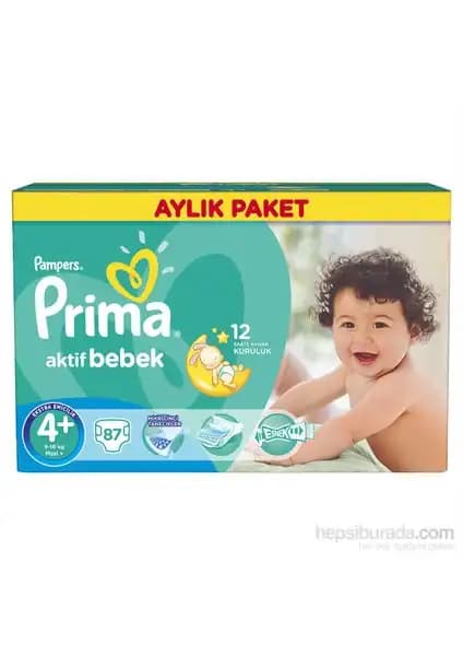 Prima Bebek Bezi Aktif Bebek Aylık Paket 4+ Beden 87 Adet Güvenli ve Konforlu Kullanım