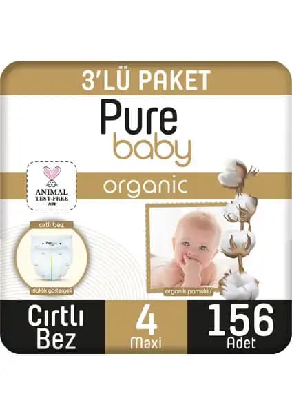 Pure Baby Organik Pamuklu Cırtlı Bez 3'lü Paket 4 Numara Maxi, Güvenli ve Doğal Bebek Bezi