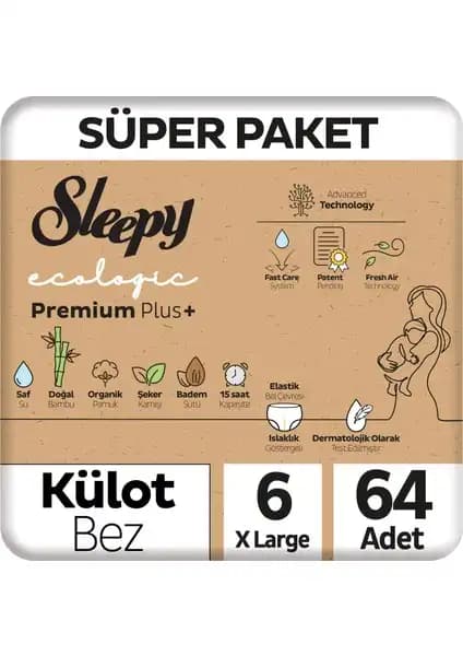 Sleepy Ecologic Premium Plus Külot Bez 64 Adet Xlarge, Doğal ve Yüksek Performanslı Bebek Bezi