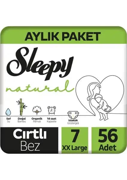 Sleepy Natural Bebek Bezi 7 Numara XXLarge 56 Adet - Doğal ve Yüksek Emicilikli Bebek Bezi