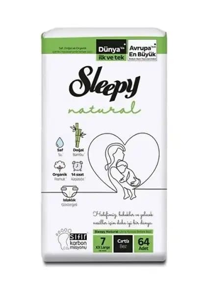 Sleepy Natural Bebek Bezi XX Large 7 No 64'lü, Doğal Malzemeli ve Rahat Kullanım Sağlayan Model