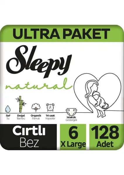 Sleepy Natural Ultra Bebek Bezi 6 Numara Xlarge 128 Adet - Doğal ve Güvenli Bebek Bezi Ürünü