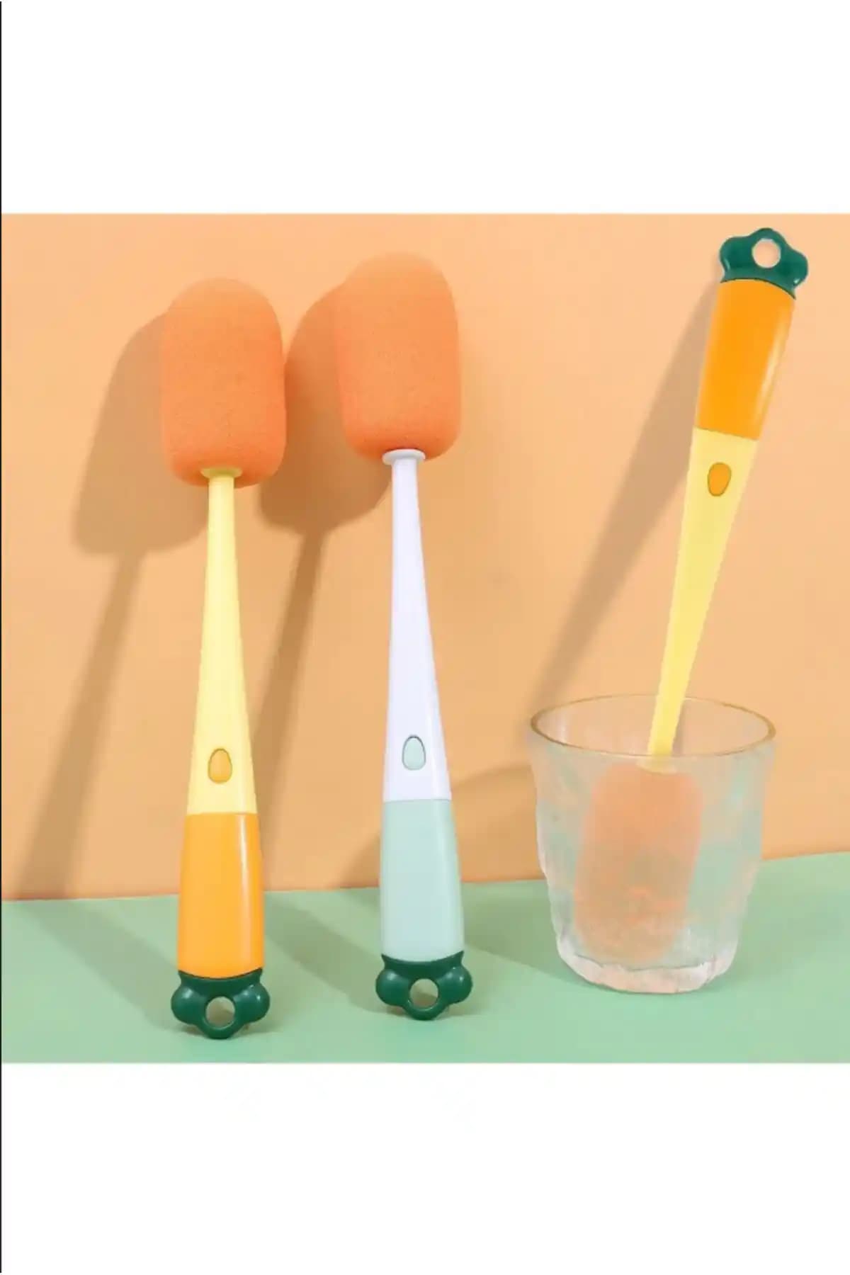 3'ü Bir Arada Havuç Şekilli Uzun Saplı Biberon ve Bardak Temizleme Fırçası, Yüzey Dostu