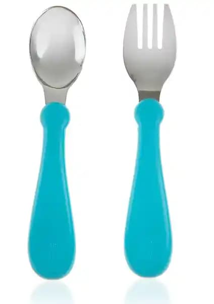 Babyjem Turkuaz Paslanmaz Çelik Çatal Kaşık ile Jojobebek Lacivert Silikon Uçlu Seti