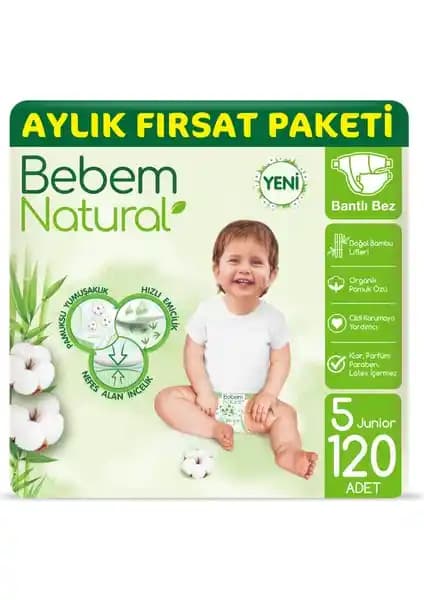 Bebem Natural Bebek Bezi 5 Beden Junior ile Pure Baby Organik Pamuklu Cırtlı Bez 5 Numara Junior Karşılaştırması