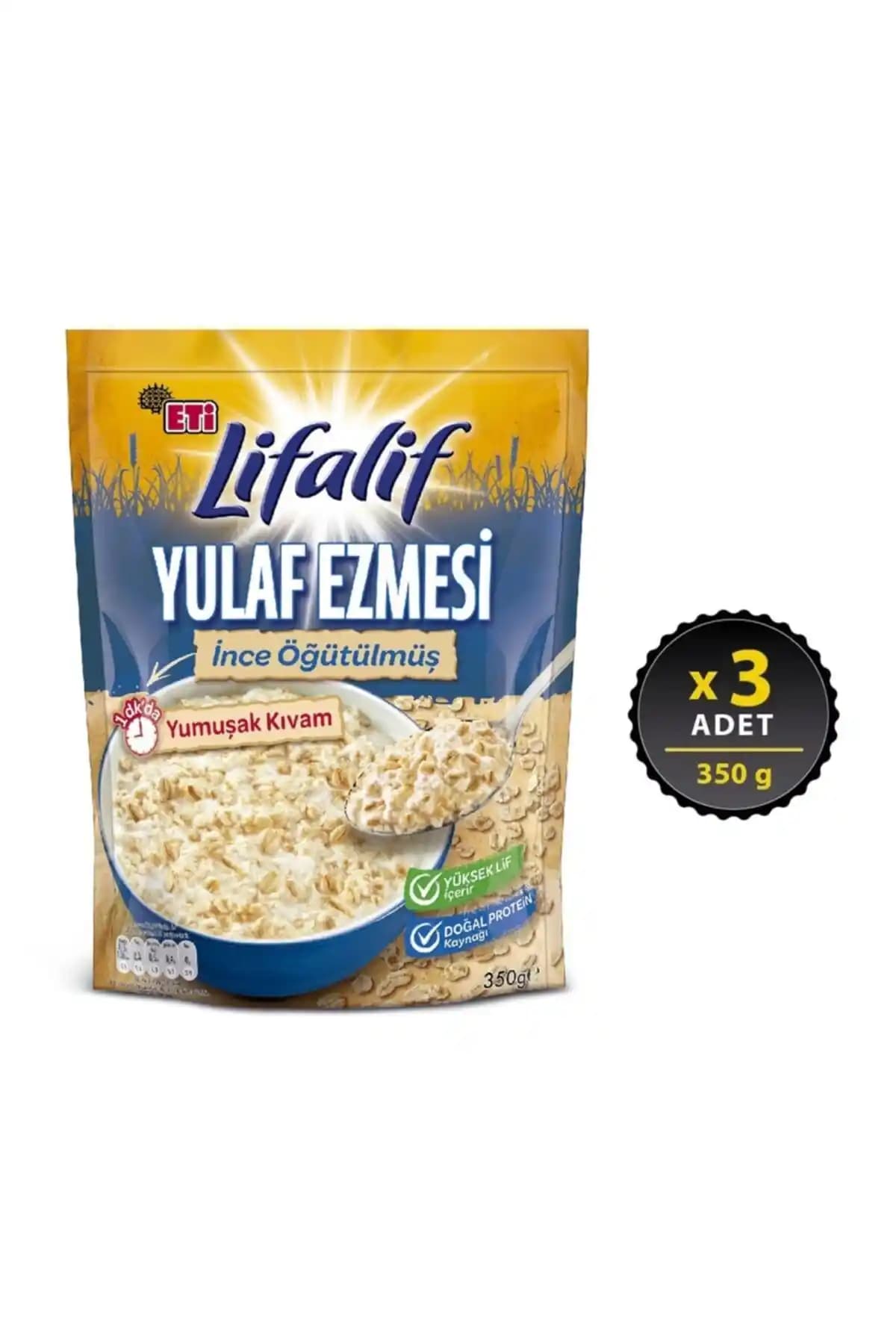 Eti Lifalif İnce Öğütülmüş Yulaf Ezmesi 350 g × 3 Adet: Kolay Hazırlanan Lifli Kahvaltı
