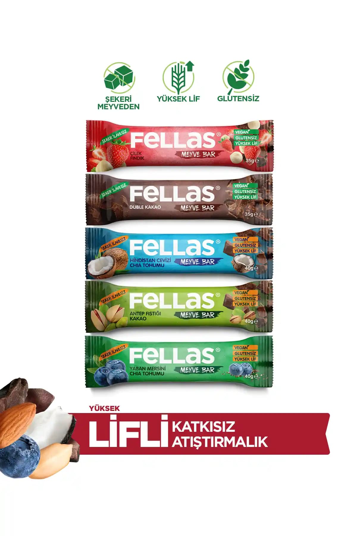 Fellas Meyve Bar 5'li Deneme Paketi: Doğal Tatlar, Vegan ve Glutensiz Atıştırmalıklar