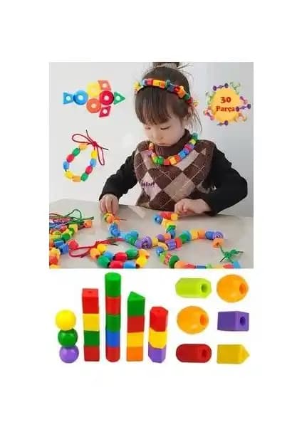 HYD 30 Parça İpe Boncuk Dizme Oyunu: Geometrik Şekiller ve Renklerle Erken Gelişim