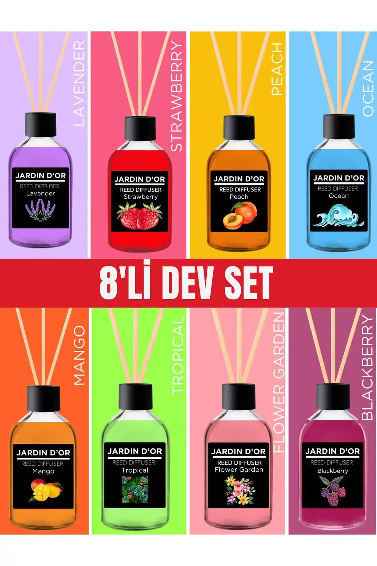Jardin D'OR 8'li Çubuklu Oda Kokusu – Böğürtlen Aroması, 50 ml x 8 Şişe, Türkiye Menşeli