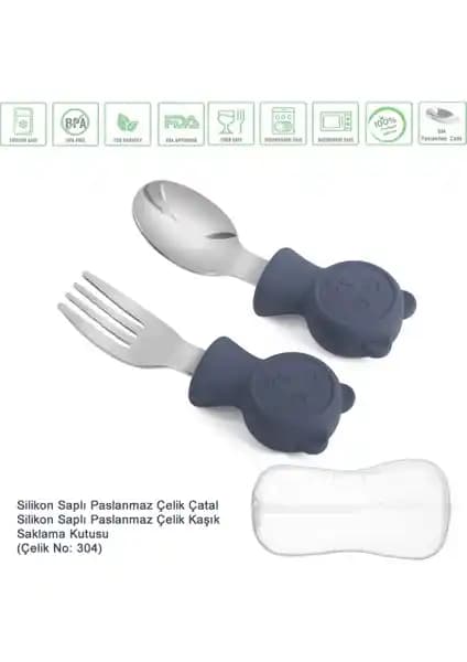 Jojobebek Ayıcık Figürlü Silikon Saplı Çelik Uçlu Takımı ile Buddy Mama Tabak Seti