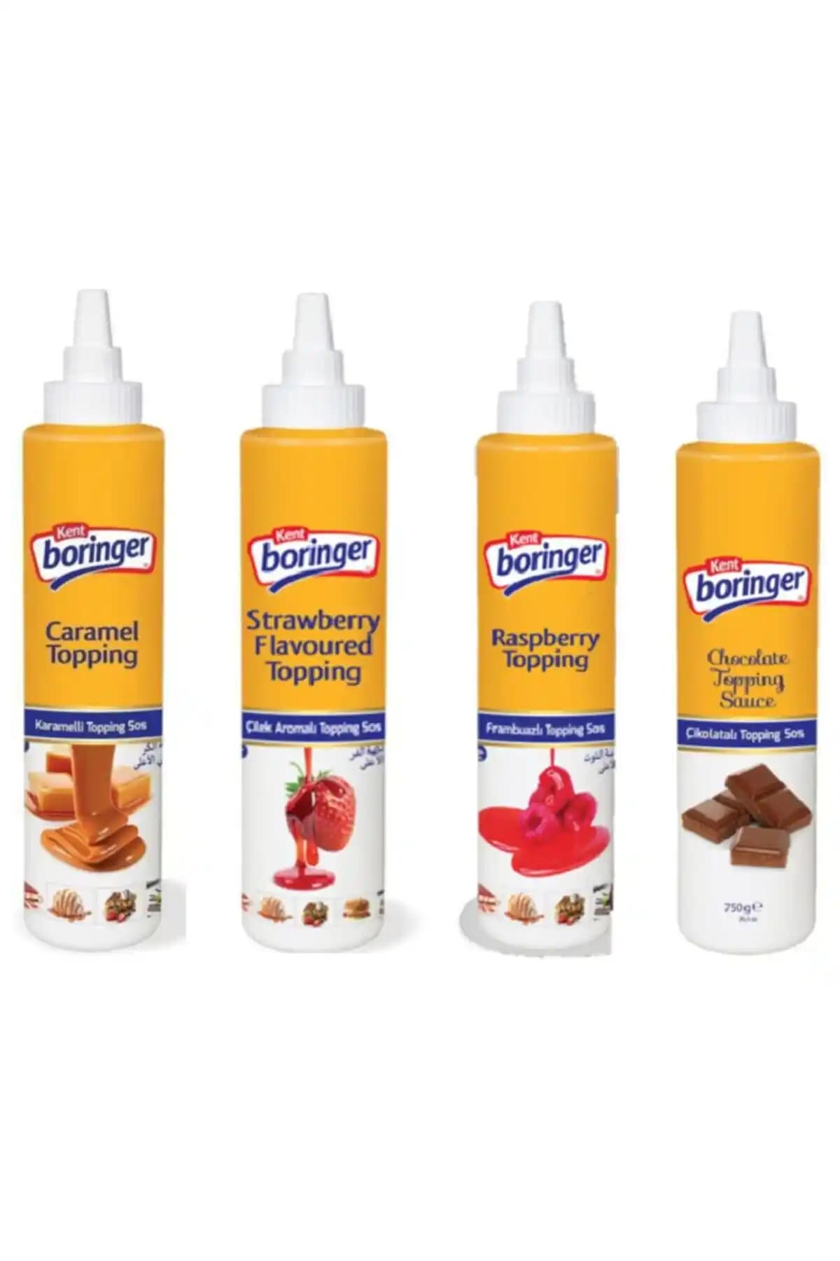 Kent Boringer Topping Sos 4’lü: Çikolata, Karamel, Çilek ve Frambuaz Aromalı Pratik Set