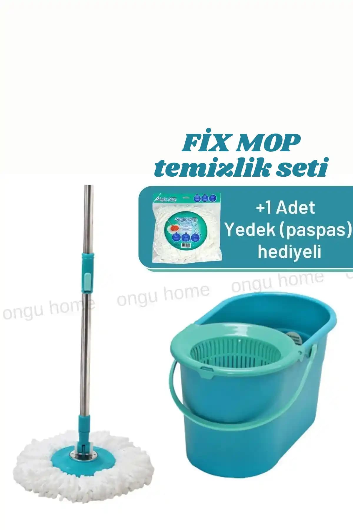 Ongu Home Fix Mop Temizlik Seti – Mikrofiber Başlık Hediyeli, Türk Üretimi, 360° Başlık
