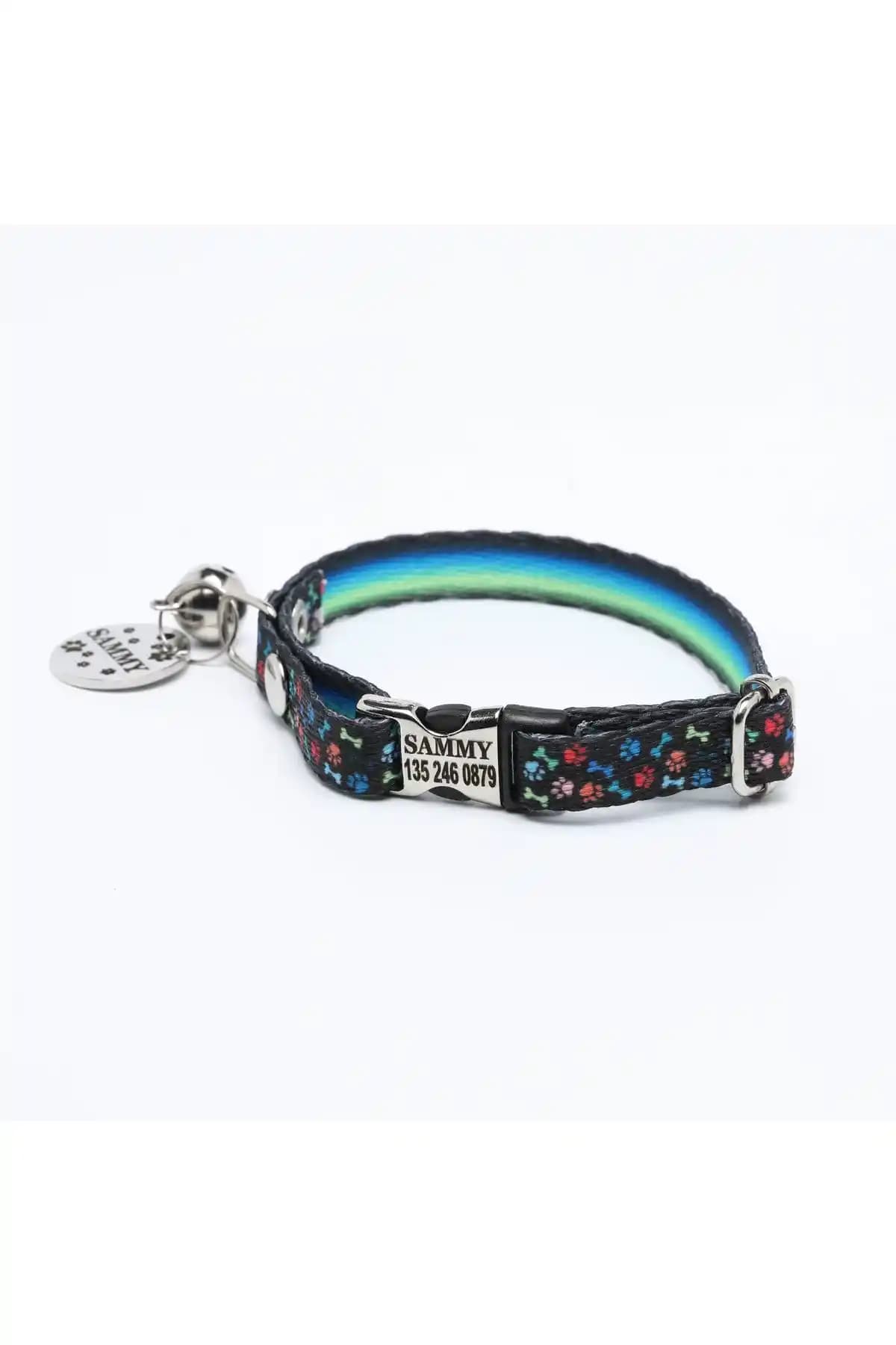 PetLoveForever Isimli Kedi ve Küçük Irk Köpek Tasması ve Künye Seti – Çok Renkli Desenli