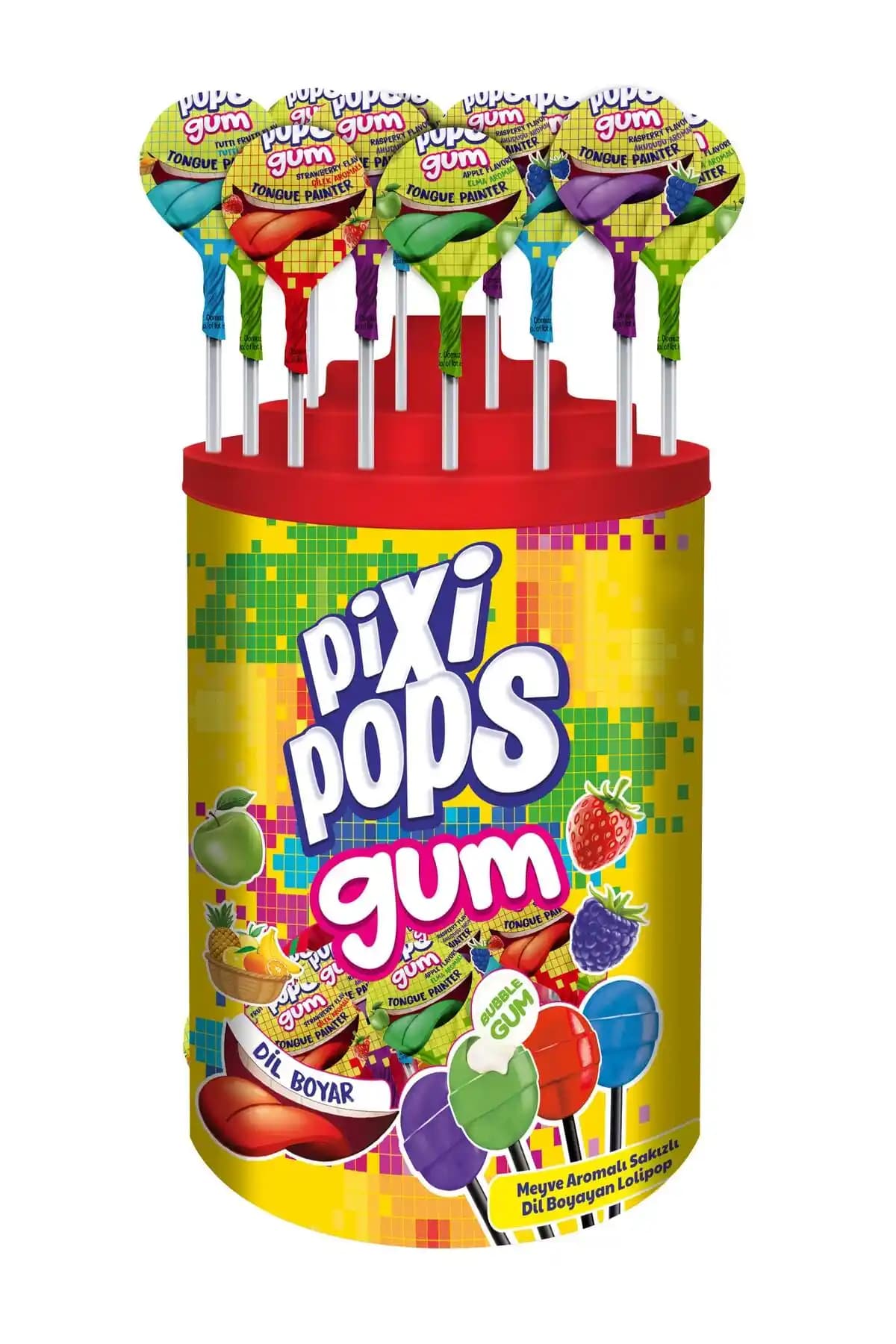 PIXI POPS Meyve Aromalı Dil Boyayan Top Lolipop 16 g – 100 Adetlik Kutu Güvenli ve Renkli