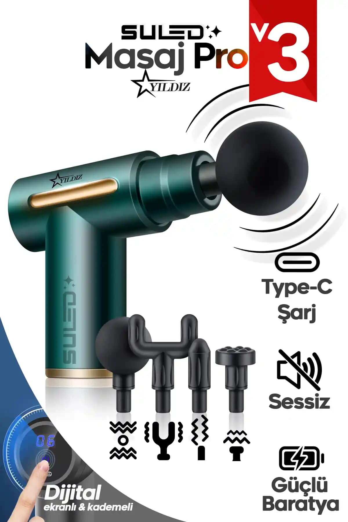 SULED Masaj Cihazı: Kablosuz Masaj Tabancası, 3 Şarjlı Pil, 4 Başlık, 6 Kademe, Sessiz