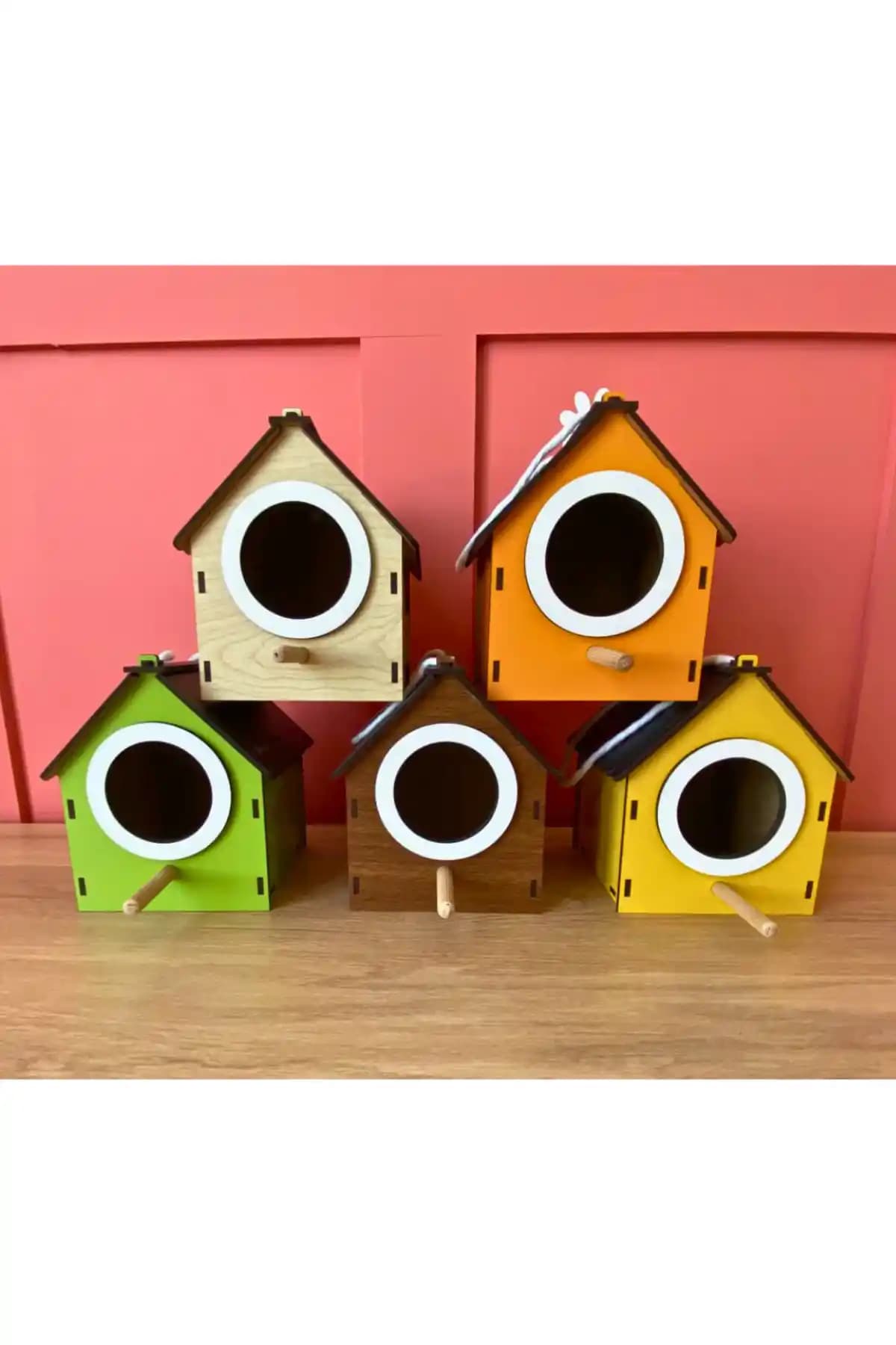 WoodenZoo Beşli Ahşap Kuş Evi Yuvası Takımı: Balkon ve Bahçe İçin Doğal Dekor