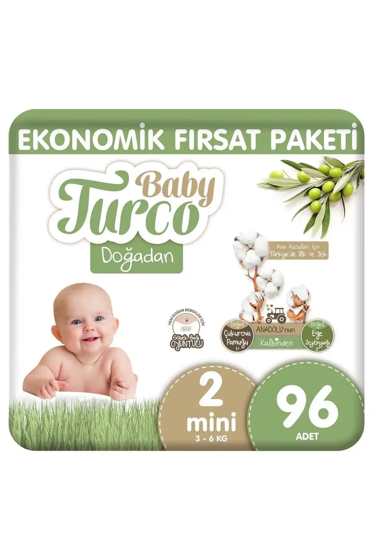 Baby Turco Doğadan Ekonomik Fırsat Paketi 2 Numara Bantlı Bebek Bezi 96 adet