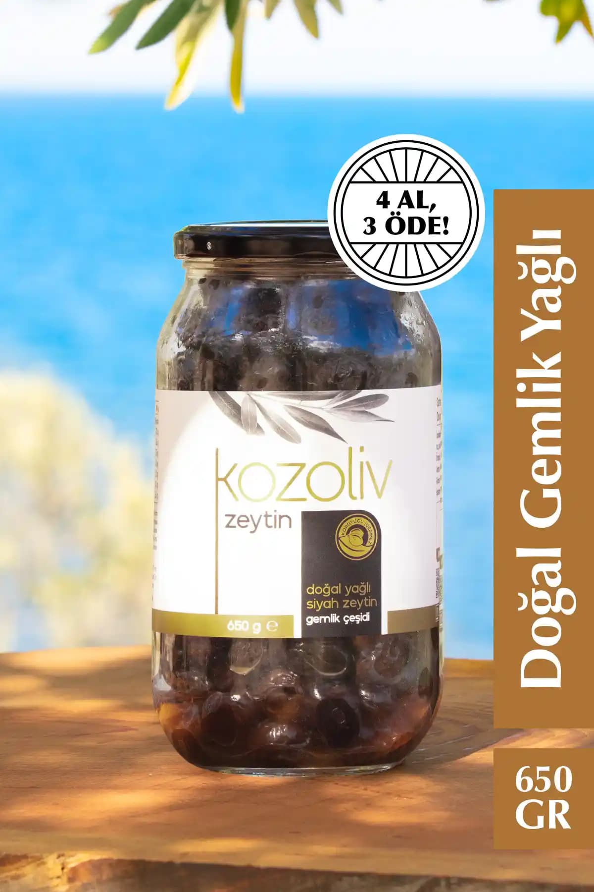 Kozoliv Doğal Gemlik Çeşidi Yağlı Siyah Zeytin – 650 g Cam Kavanoz, Doğal İçerik