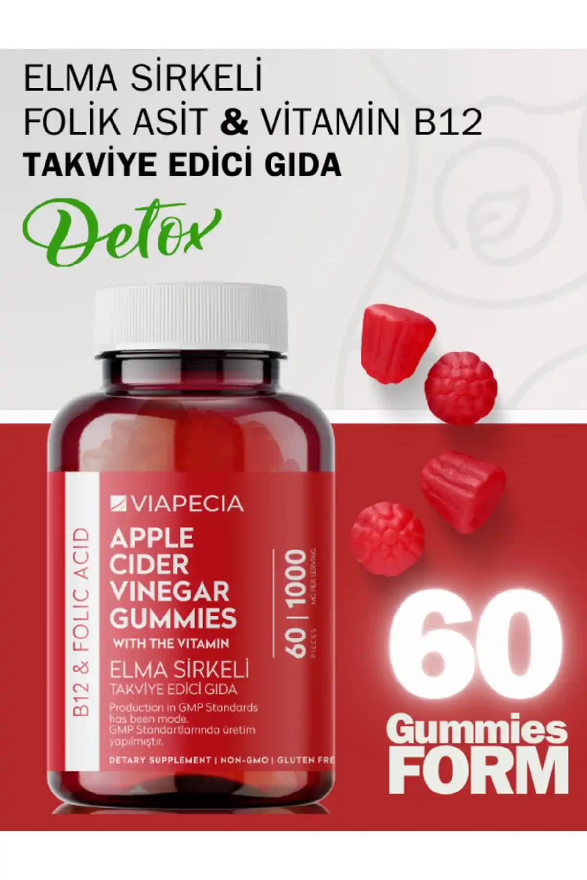 Viapecia Elma Sirkeli B12 Folik Asit Gummy Sağlıklı ve Lezzetli Takviye Ürünü