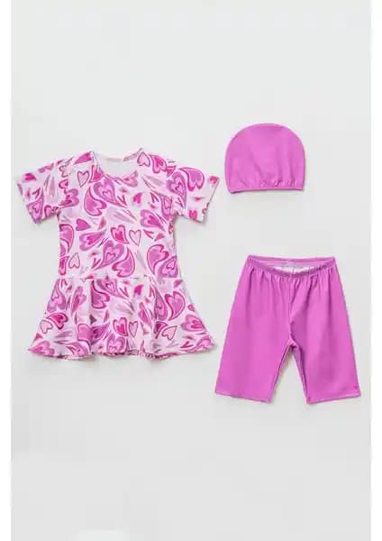 Beniizle Kalp Desenli Boneli Kız Çocuk Üçlü Haşama Seti: Şık ve Fonksiyonel Yüzme Kıyafeti