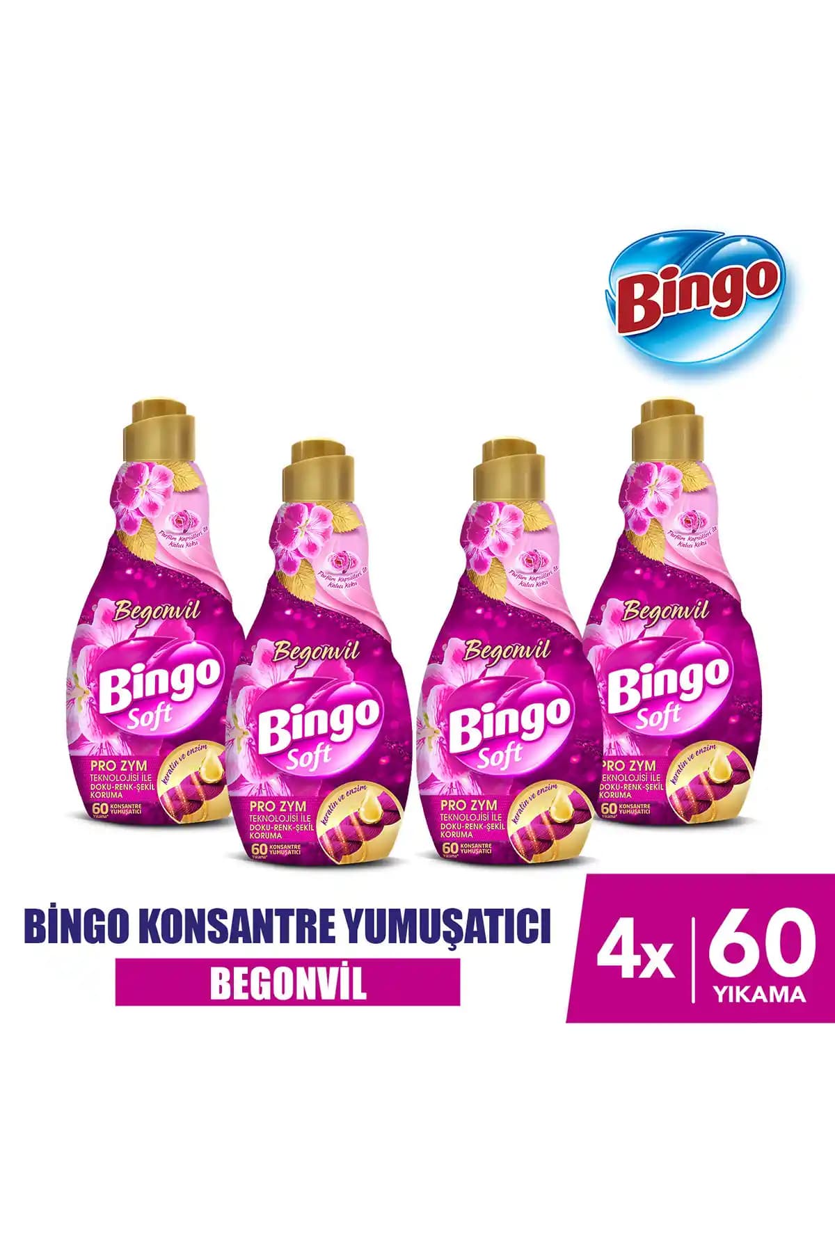 Bingo Soft Konsantre Çamaşır Yumuşatıcısı Begonvil 1440 ml x 4 Adet - Etkili Yumuşatma ve Kalıcı Koku