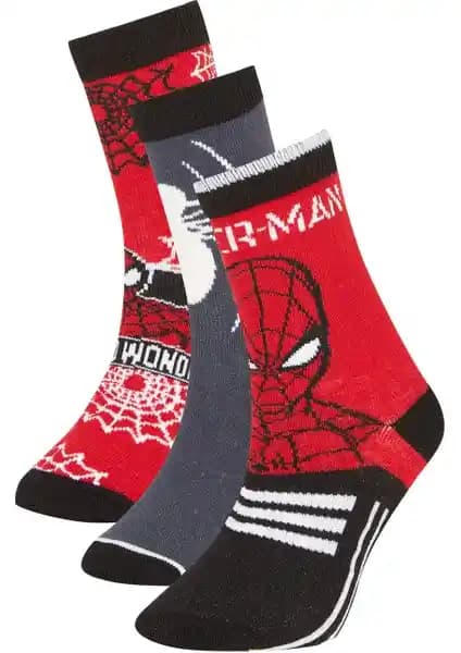 DeFacto Erkek Çocuk Marvel Spiderman 3'lü Pamuklu Uzun Çorap Seti Rahat ve Dayanıklı