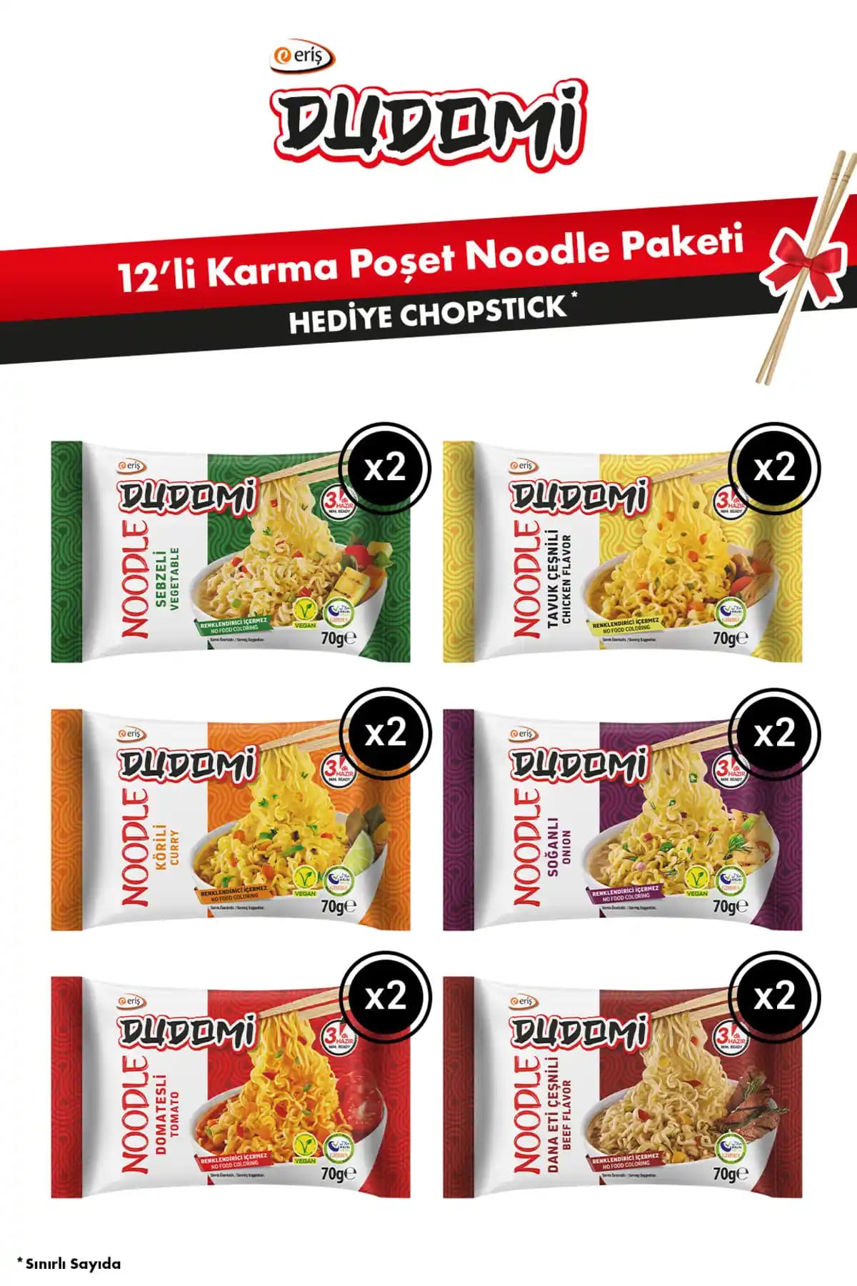 DUDOMİ Dudomi 12’li Karma Poşet Noodle Paketi ve Bambu Chopstick Hediyesi