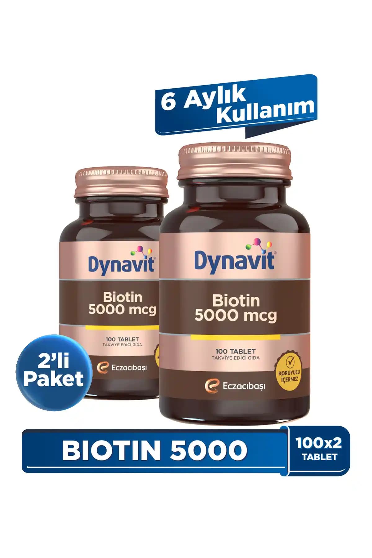 Dynavit Biotin 5000 mcg 100 Tablet x2 Saç ve Cilt Sağlığını Destekleyen Takviye