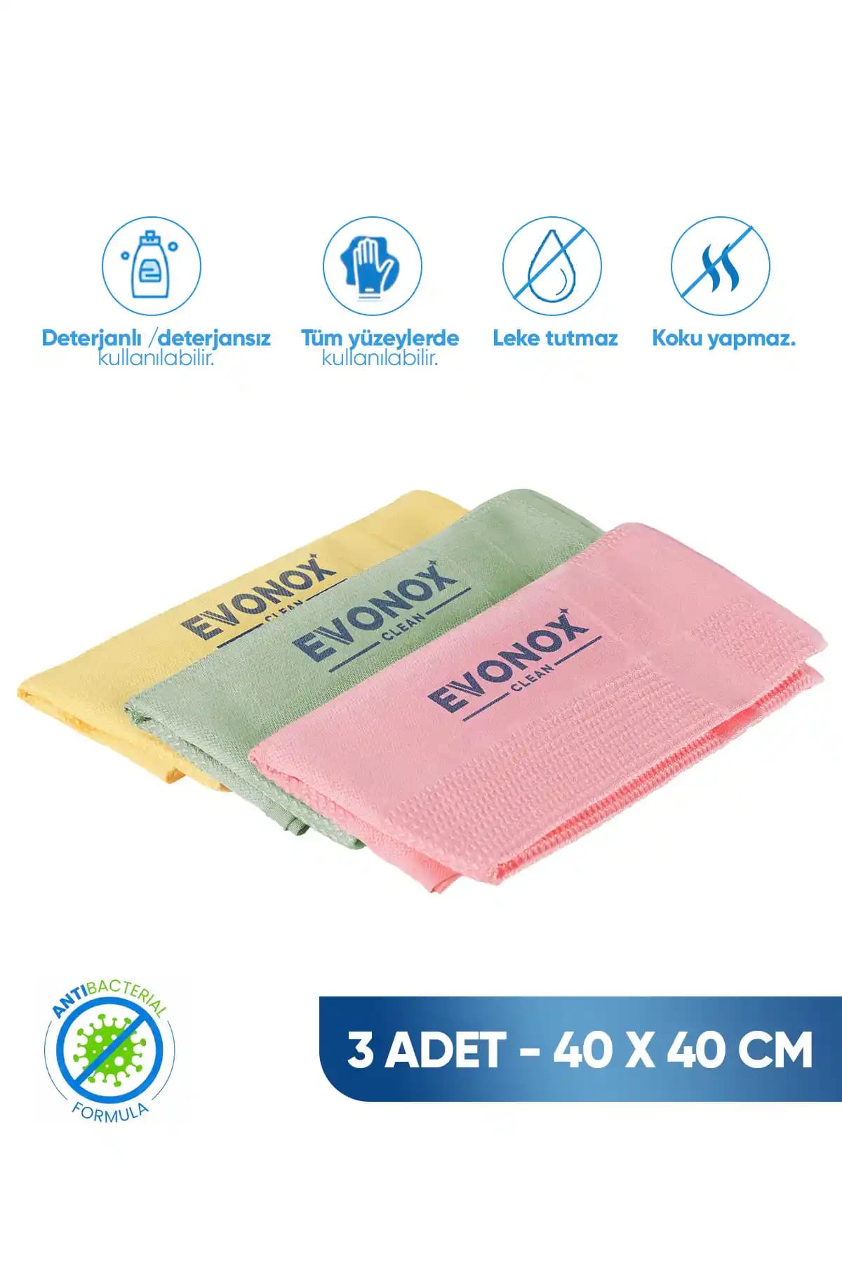 Evonox Clean 3'lü Mikrofiber Çok Amaçlı Temizlik Bezi Seti 40x40 cm - Etkili ve Dayanıklı